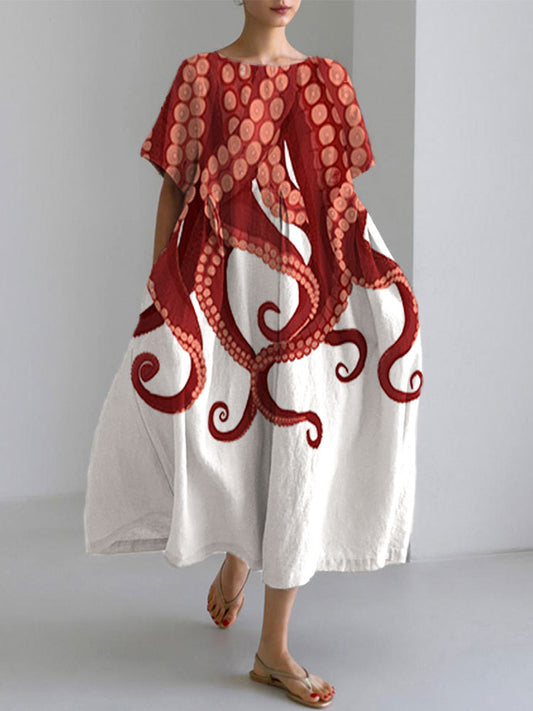 Comstylish Japanese Art Ocean Octopus Print Cotton Blend Dress