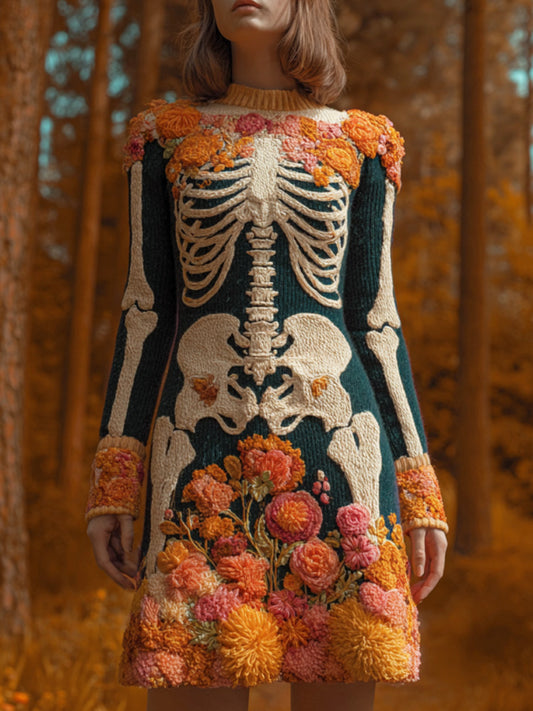 Comstylish Women's Halloween Warm Tone Skull Rose Embroidered Dress