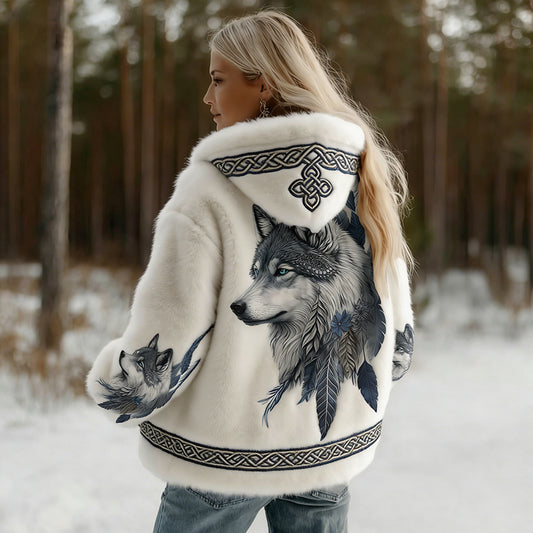 Comstylish Women's Vintage Wolf Pattern Knit Cozy Flannel Hoodie
