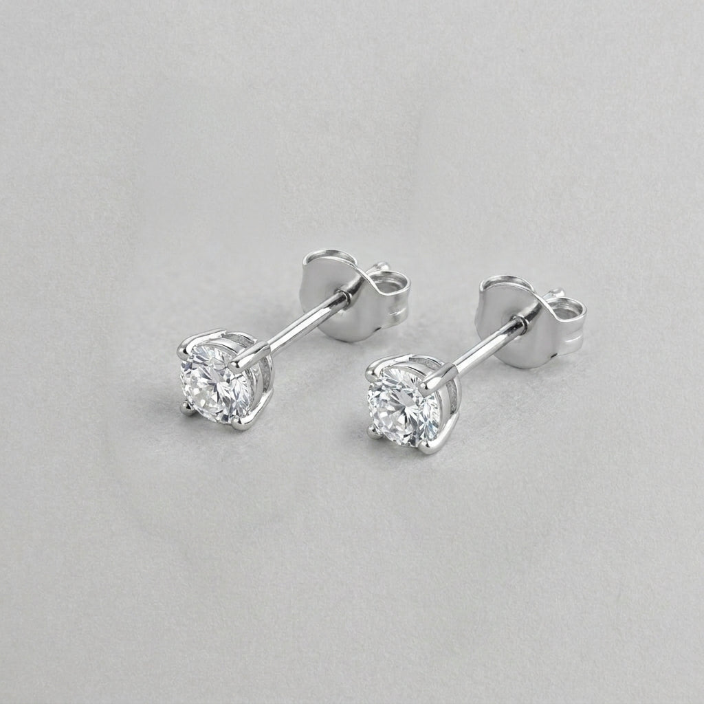 Classic Round Solitaire Diamond Stud Earrings in Sterling Silver
