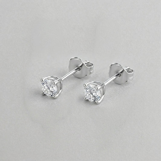Classic Round Solitaire Diamond Stud Earrings in Sterling Silver