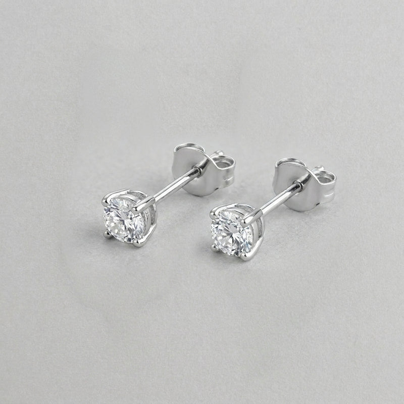 Classic Round Solitaire Diamond Stud Earrings in Sterling Silver