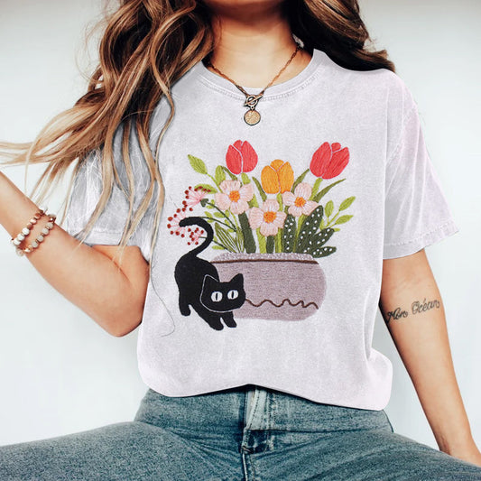 Abstract Creative Potted Plant And Cute Black Cat Embroidery Pattern Drawing Art T-Shirt elevenforest