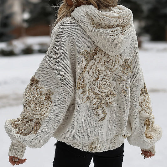 Women's White Rose Classic Cable Hooded Sweater elevenforest