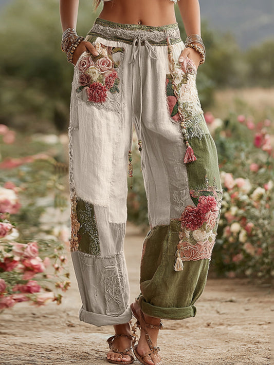 Love & Health Collection Retro Rose And Floral Patchwork Art Linen Pants artswardrobe