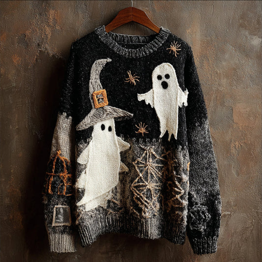 Halloween Screaming Ghost 3d Embroidery Vintage Gradient Round Neck Sweater elevenforest