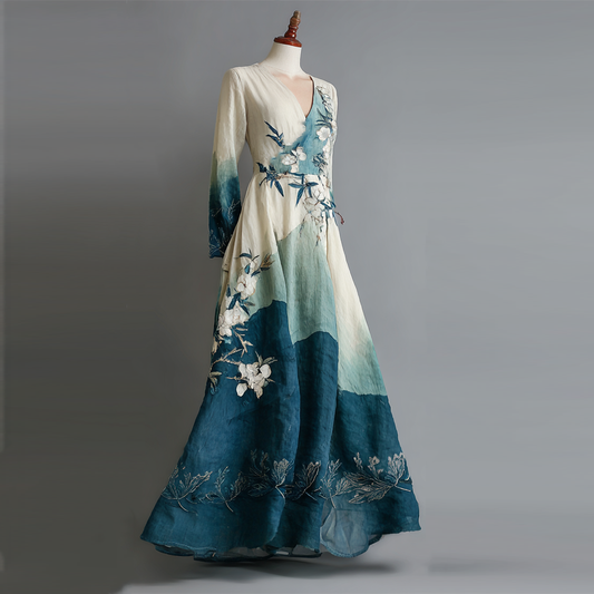 Comstylish Women's Vintage Ink Painting Leaves And Flowers Linen Long Sleeve Dress