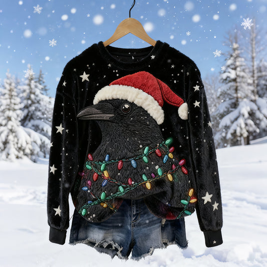 Comstylish Christmas Lights Raven Embroidered Cozy Plush Sweatshirt