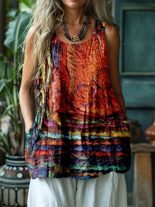 Colorful Boho Patchwork Flowy Linen Tank Top artswardrobe