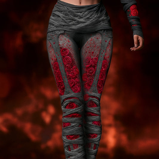 Comstylish Vintage Skeleton Anatomy Bloody Roses Bandages Knit Leggings