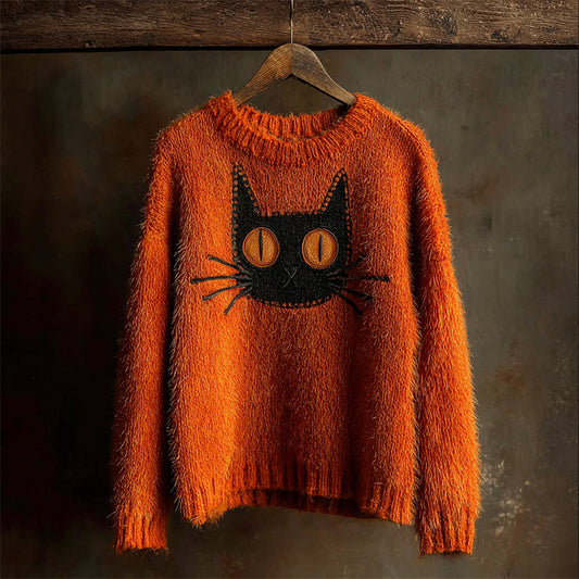 Comstylish Halloween Black Cat Patchwork Cozy Fuzzy Sweater