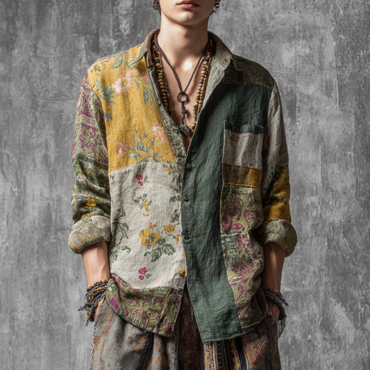 Western Style Bohemian Plant Flower Pattern Color Block Patchwork Retro Cotton And Linen Men's Shirt artswardrobe