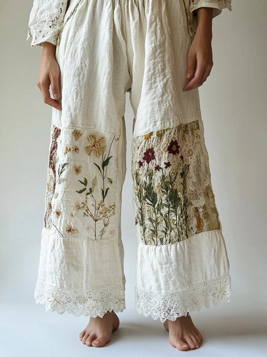 Bohemian Floral Lace Patchwork Embroidered Women's Linen Pants artswardrobe