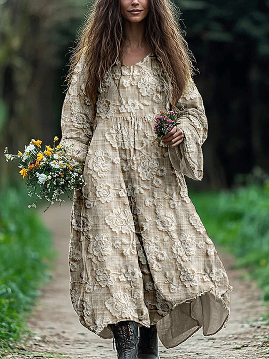 Elegant Floral Lace Embroidered Linen Blend Maxi Dress artswardrobe