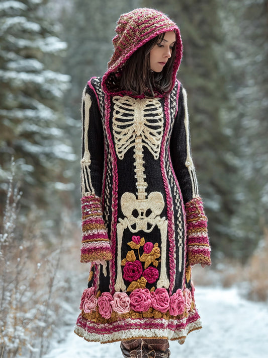 Comstylish Vintage Floral & Skeleton Art Women's Knit Hooded Maxi Dress