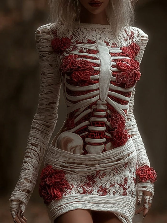 Women's Halloween Skeleton Bandage Round Neck Dress artswardrobe