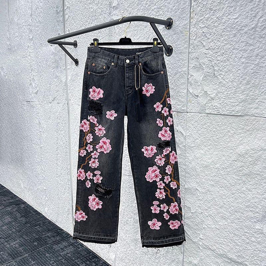 Comstylish Vintage Japanese Sakura Applique Embroidery Art Design Jeans