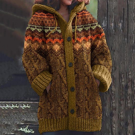 Women's Chunky Ethnic Geometric Pattern Cardigan Sweater elevenforest
