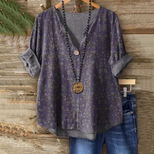 Comstylish Women's Bohemian Style Floral Art Print Casual Linen Shirt