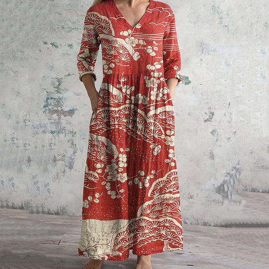 Comstylish Vintage Japanese Floral Art Printed Casual Midi Dress