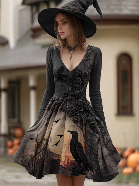 Comstylish Women's Halloween Night Raven V-neck Long Sleeve Dress
