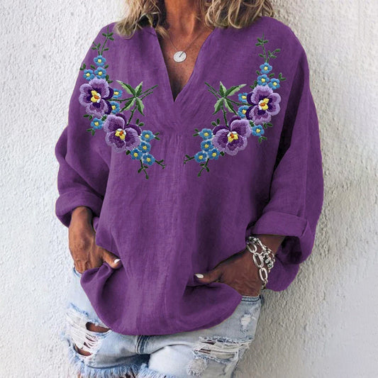 Comstylish Women's Purple Flower Art Print V Neck Casual Shirt