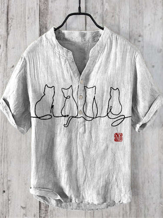 Japanese Cat Print Men's Linen V-Neck Shirt elevenforest