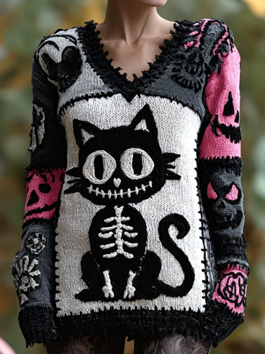 Comstylish Halloween Cat And Skeleton Pattern Women's V-neck Knit Sweater
