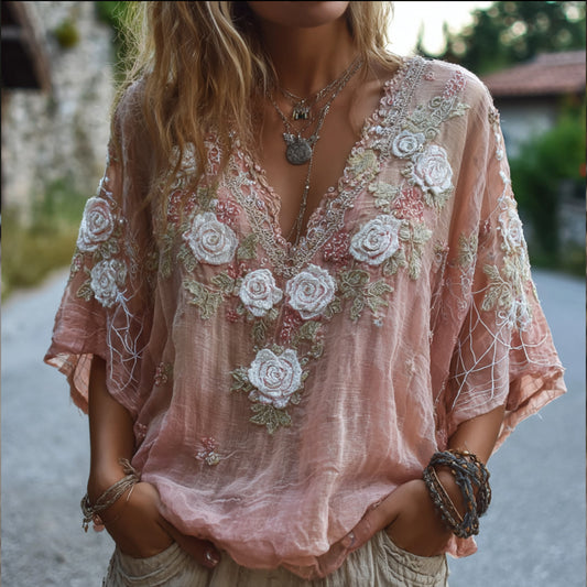 Women's Three-dimensional Flower Romantic Pink Vintage Casual Short-sleeved Shirt artswardrobe