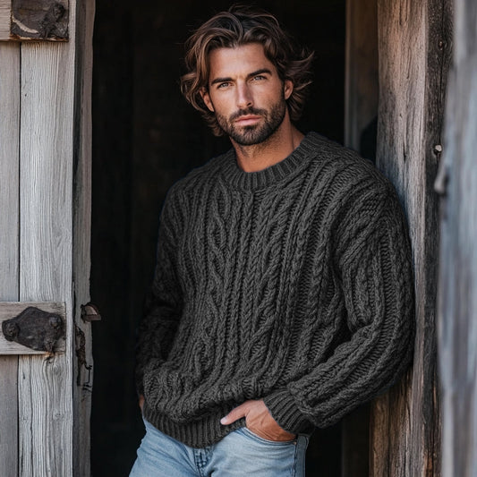 Men'S Burlap Jacquard Crew Neck Aran Sweater artswardrobe