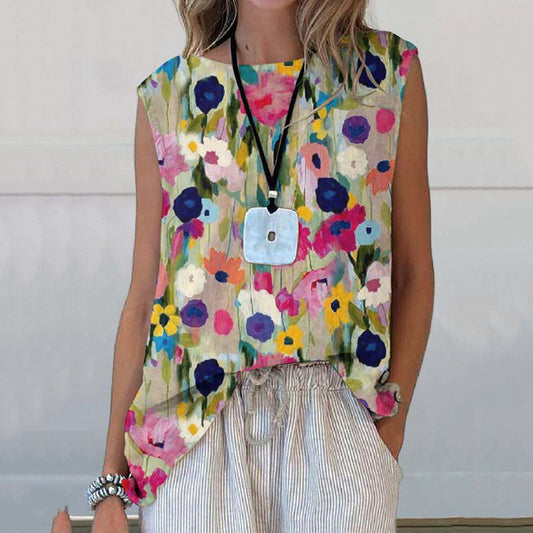Comstylish Color Block Floral Art Printed Casual Sleeveless Top