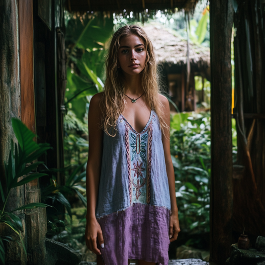 Retro Boho Tribal Art Embroidery Print Cotton And Linen V-neck Sleeveless Midi Dress artswardrobe