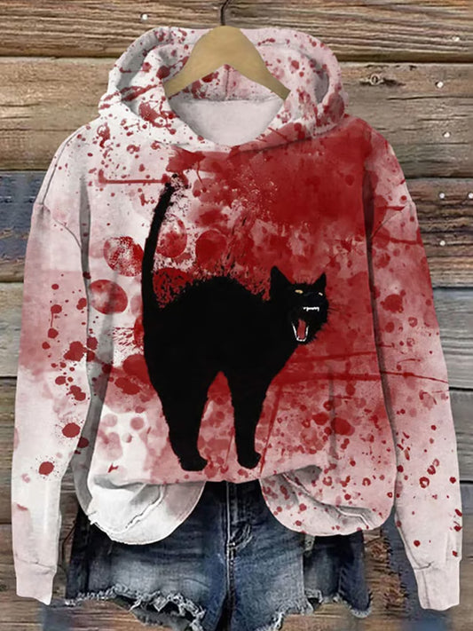 Comstylish Women's Casual Bloodstained Cat Print Warm Hoodie