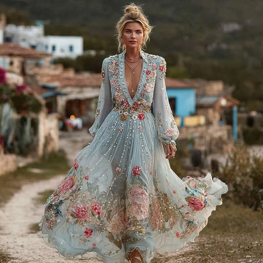 Comstylish Women's Vintage Bohemian Floral Embroidered Casual Long Sleeve Dress
