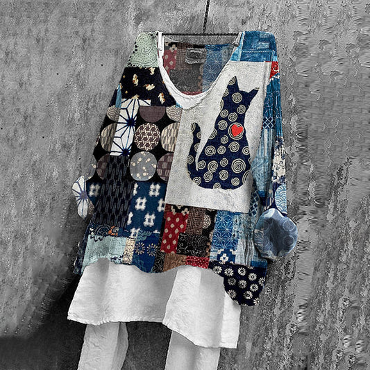Japanese Cat And Floral Print V-neck T-shirt