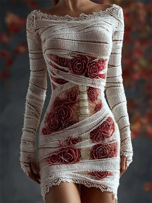 Comstylish Halloween Bloody Roses Anatomy Bandages Comfy Mini Dress