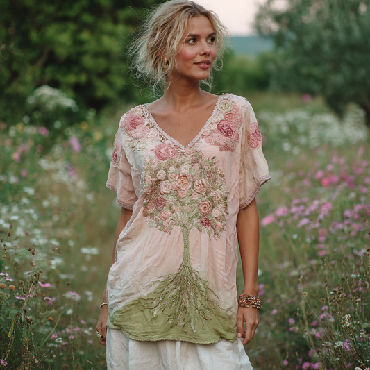 Vintage Tree Of Life Flowers V-neck T-shirt artswardrobe