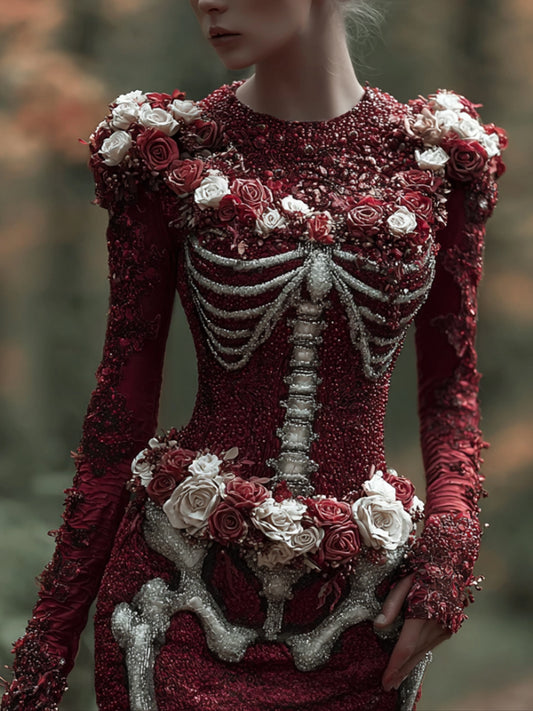 Comstylish Women Halloween Skeleton Rose Ancient Blood Red Dress