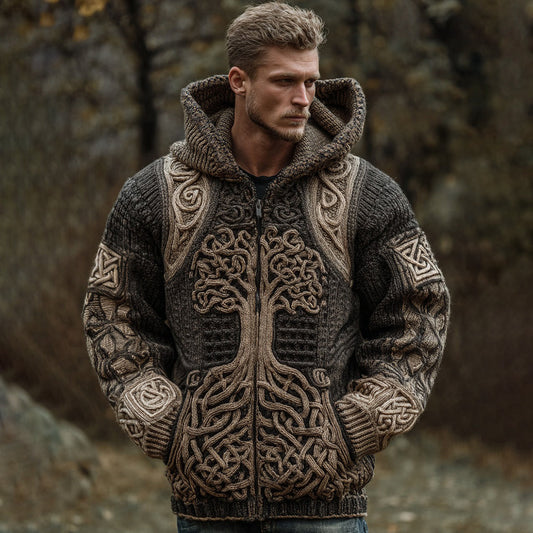 Men's Viking Tree Of Life Celtic Art Knit Hooded Zip-up Sweater artswardrobe