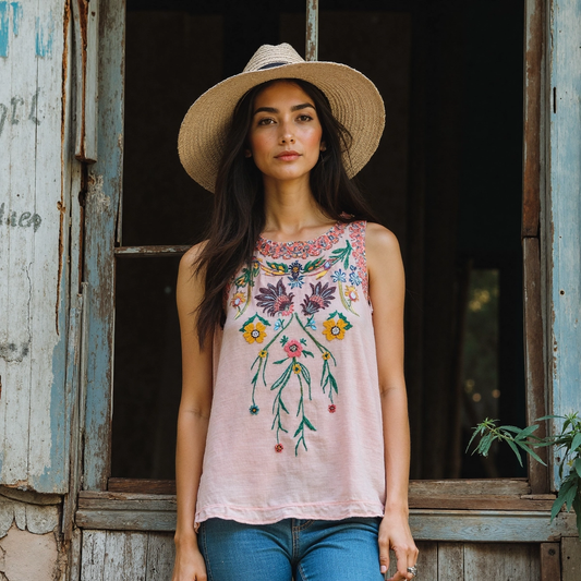 Vintage Flowers Embroidery Art Linen Sleeveless Top artswardrobe