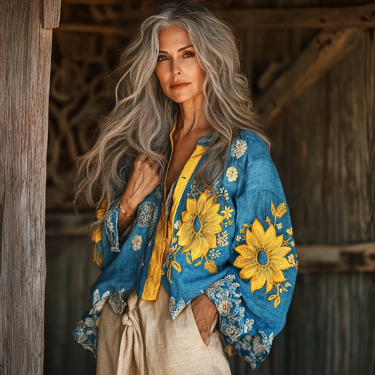 Bohemian Ukraine Sunflower Linen Floral Art Print Long Sleeve Shirt artswardrobe