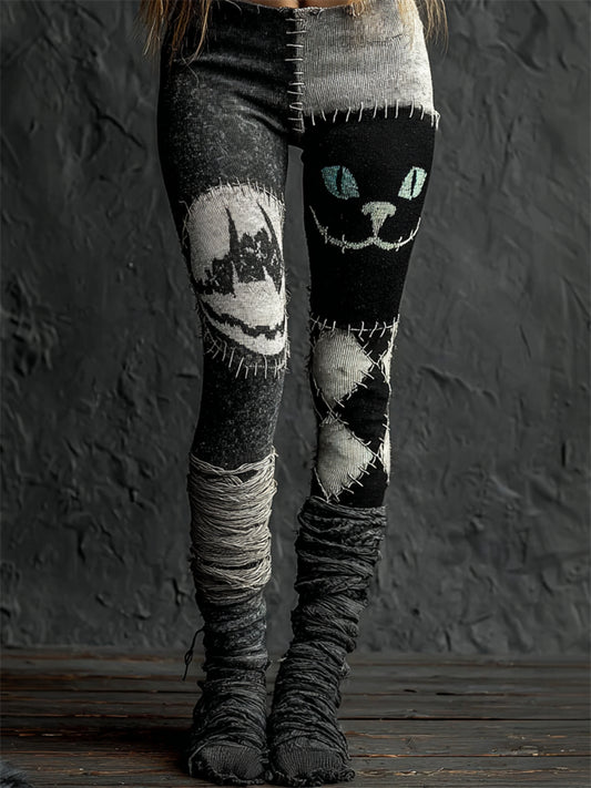Comstylish Halloween Cat Face Diamond Pattern Bandages Patchwork Cozy Knit Leggings