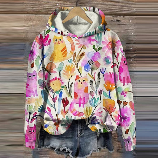 Comstylish Women's Vintage Floral Cat Art Print Hoodie