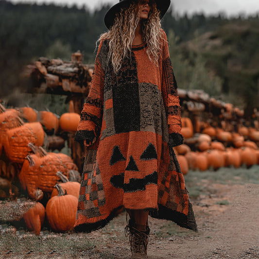 Vintage Halloween Pumpkin Face Patchwork Art Linen Long Sleeve Maxi Dress artswardrobe