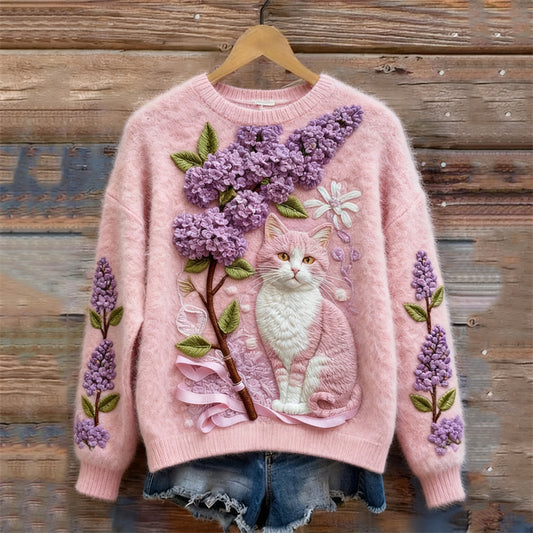 Comstylish Lovely Cat Flowers Art Cozy Fuzzy Knit Sweater