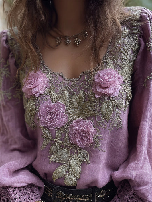 Comstylish Boho Lavender Roses Fiber Art Comfy Linen Tunic