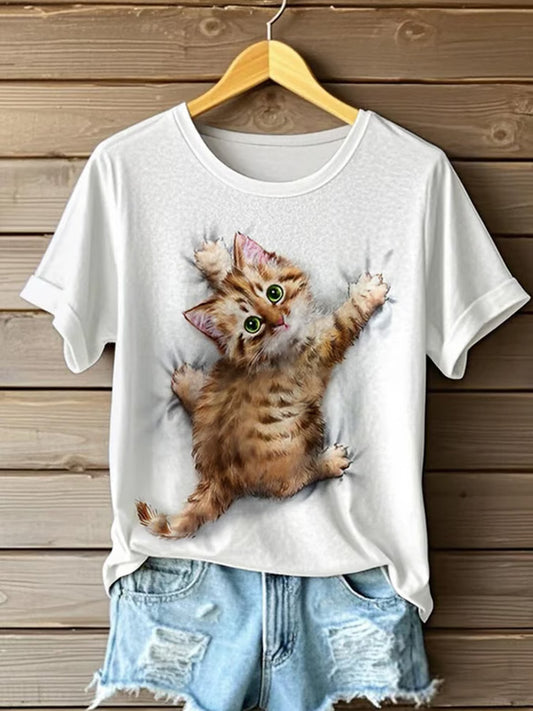 Comstylish Women's Cute Animal Cat Pattern Print Round Neck T-shirt