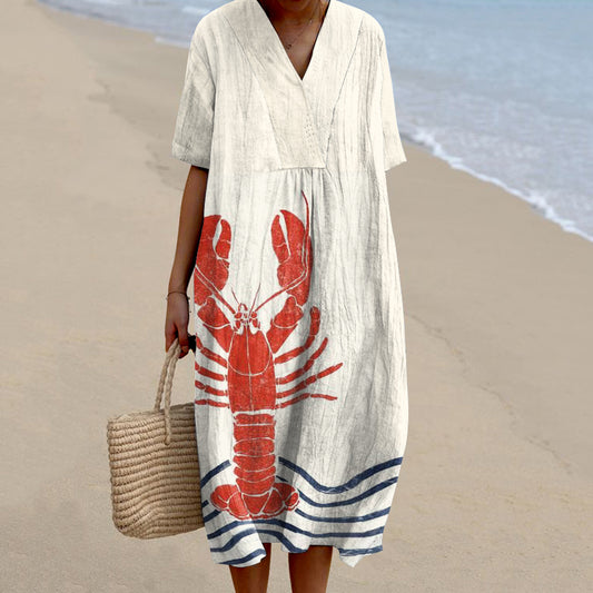 Comstylish Women's Lobster Art Pattern Linen Blend Dress