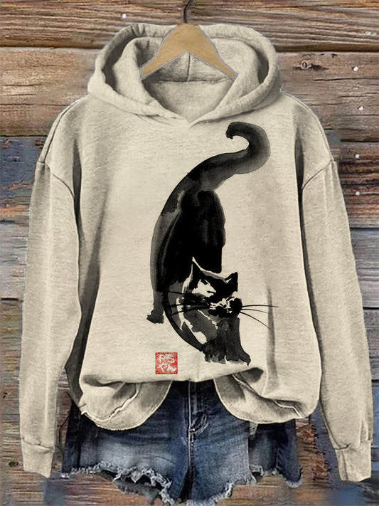 Lovely Black Cat Art Graphic Vintage Cozy Hoodie elevenforest