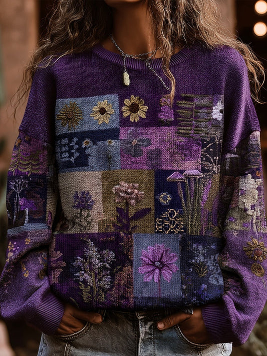 Vintage Floral Pattern Crew Neck Cozy Knitted Sweater elevenforest